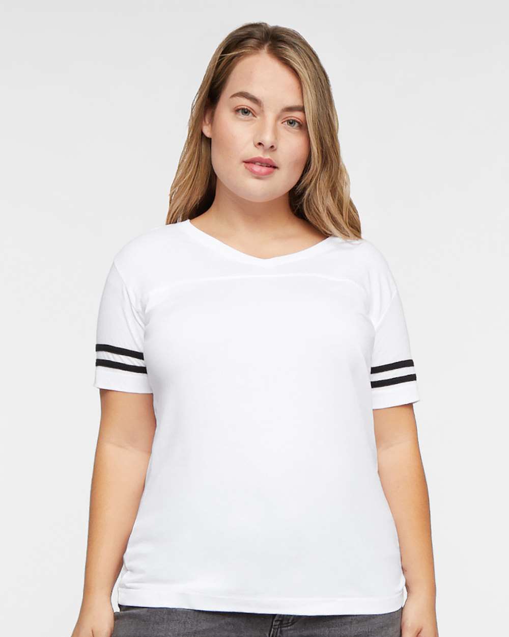 Women's Football V-Neck Fine Jersey Tee - OnModelFront - B54738003 - White Solid/ Black