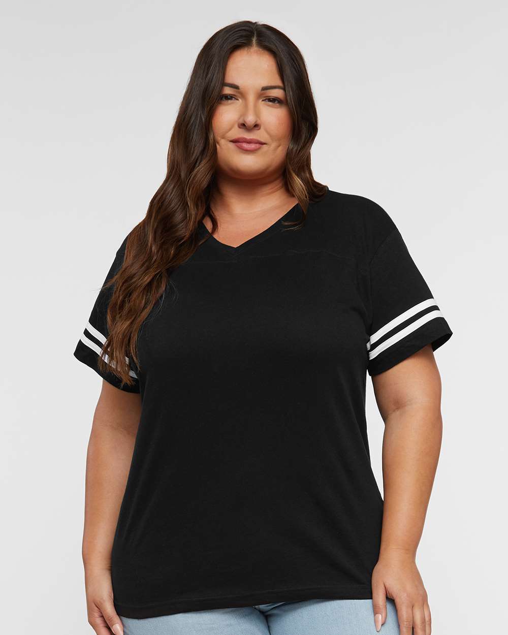 Women's Football V-Neck Fine Jersey Tee - OnModelFront - B54738503 - Black Solid/ White