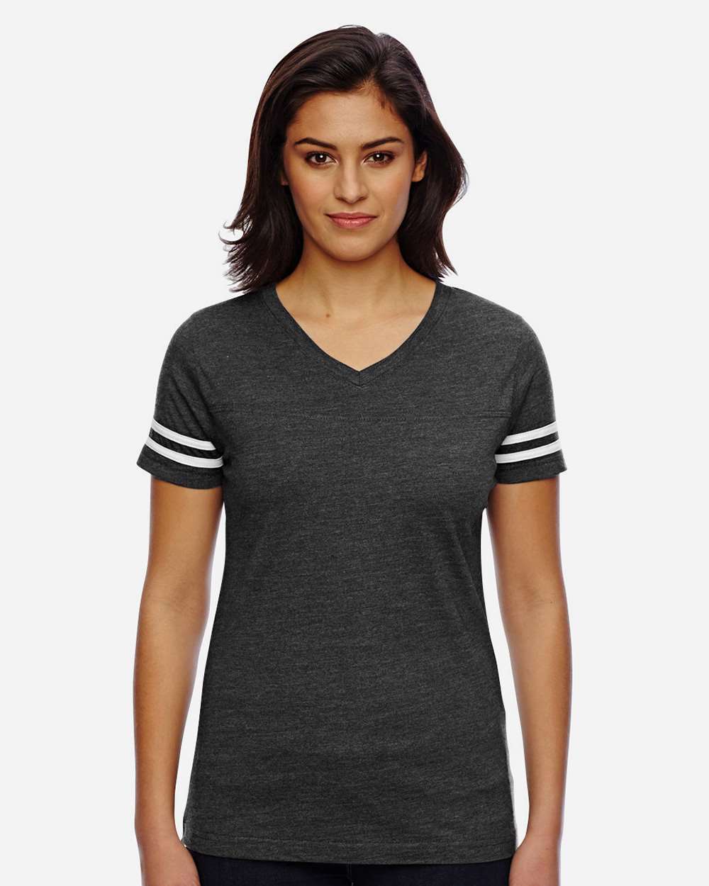 Women's Football V-Neck Fine Jersey Tee - OnModelFront - B54738513 - Vintage Smoke/ White