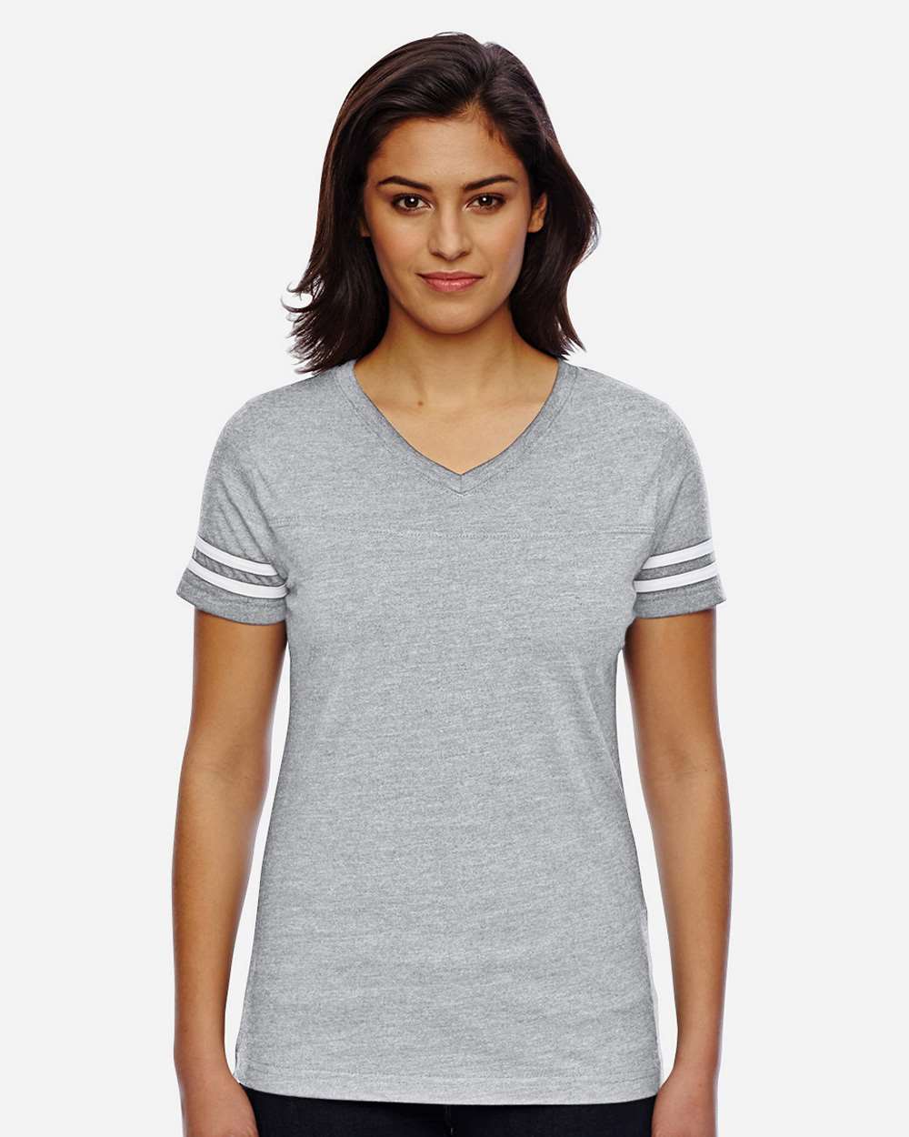 Women's Football V-Neck Fine Jersey Tee - OnModelFront - B54738583 - Vintage Heather/ White