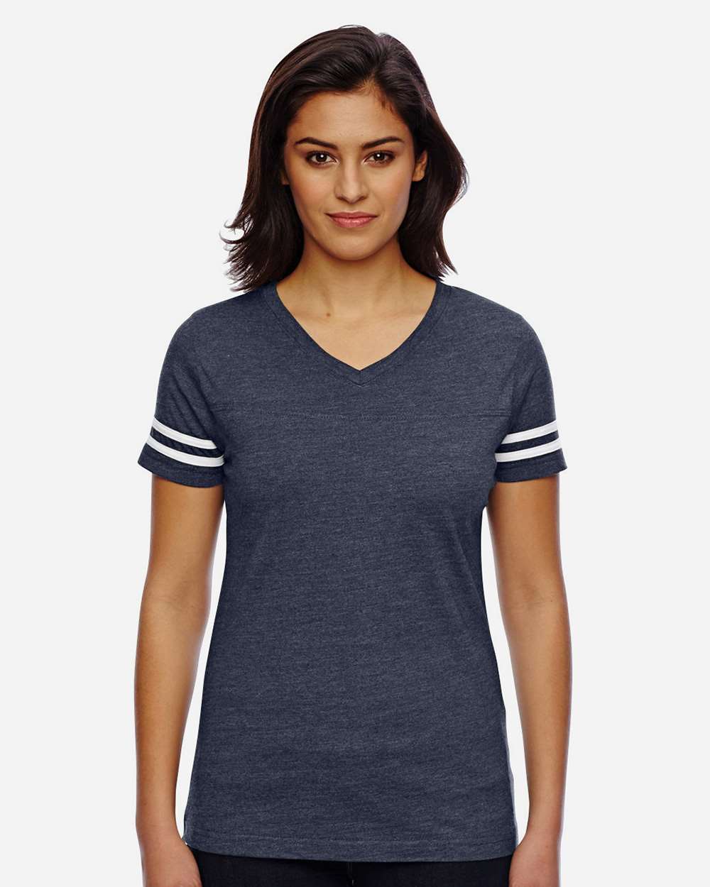 Women's Football V-Neck Fine Jersey Tee - OnModelFront - B54738653 - Vintage Navy/ White