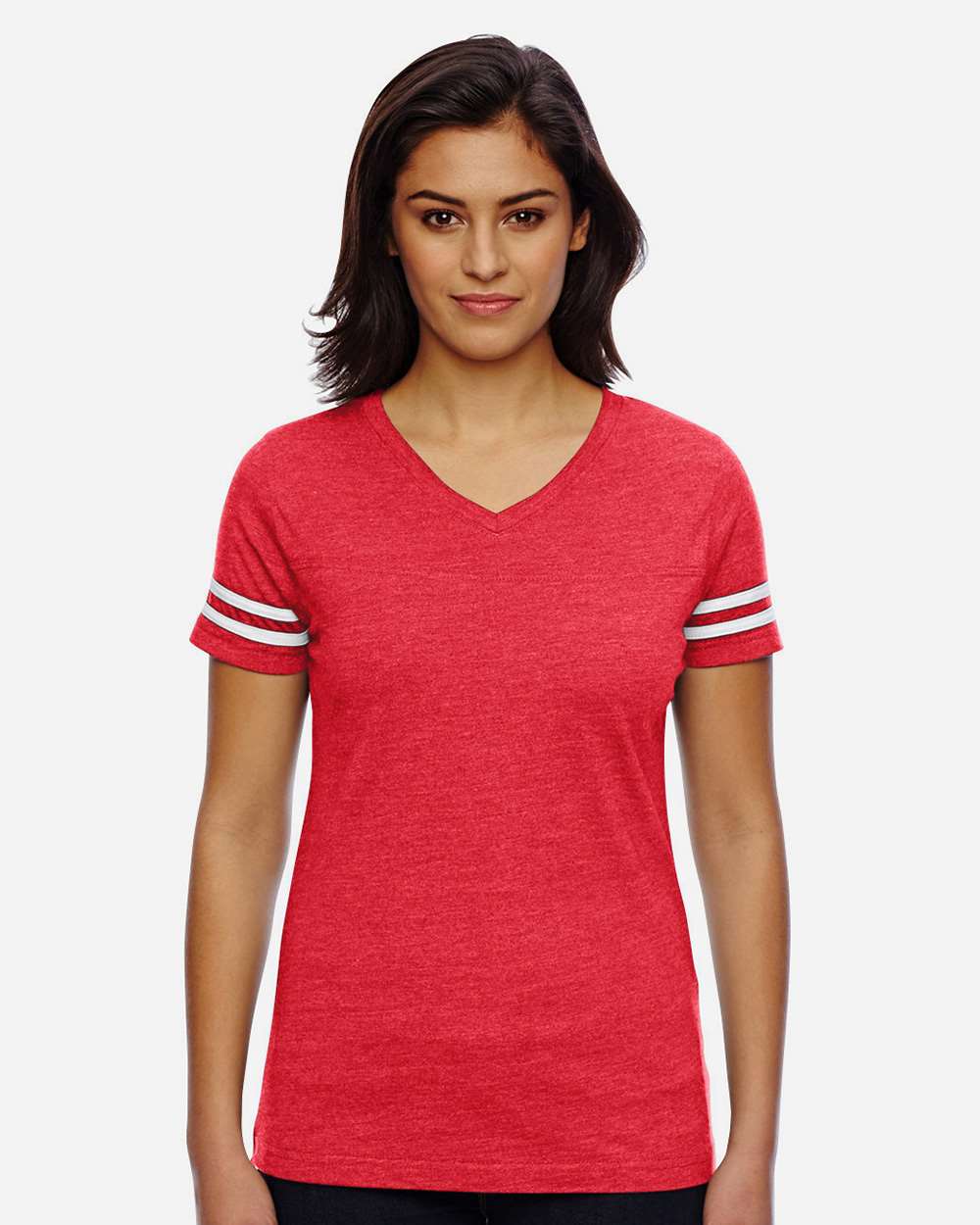 Women's Football V-Neck Fine Jersey Tee - OnModelFront - B54738703 - Vintage Red/ White