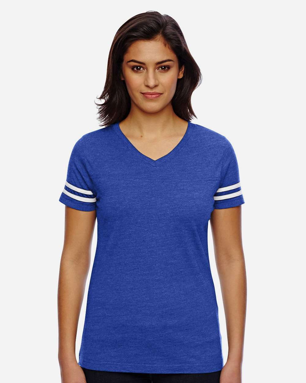Women's Football V-Neck Fine Jersey Tee - OnModelFront - B54738753 - Vintage Royal/ White