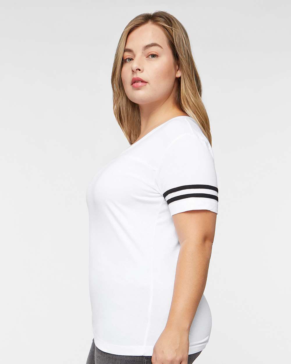 Women's Football V-Neck Fine Jersey Tee - OnModelSide - B54738003 - White Solid/ Black