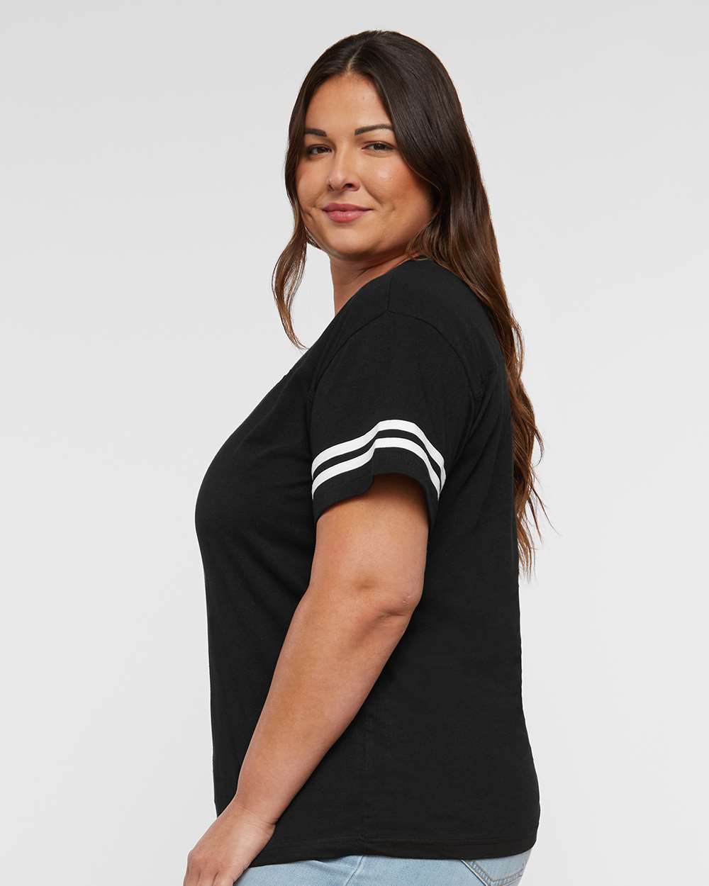 Women's Football V-Neck Fine Jersey Tee - OnModelSide - B54738503 - Black Solid/ White