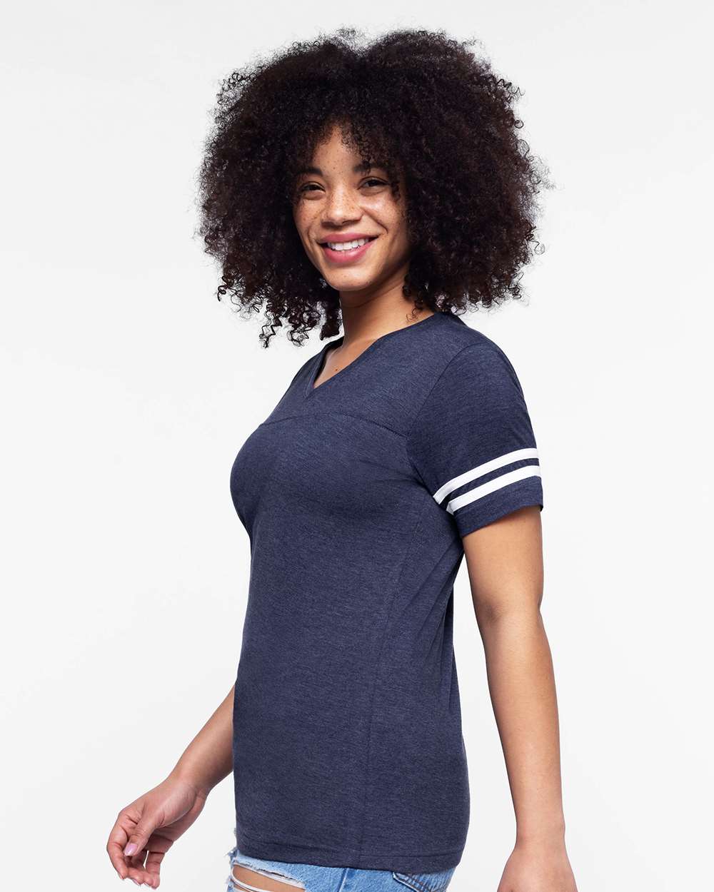 Women's Football V-Neck Fine Jersey Tee - OnModelSide - B54738643 - Vintage True Navy/ Blended White