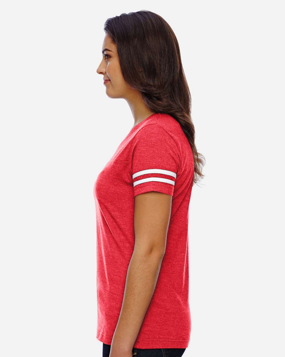 Women's Football V-Neck Fine Jersey Tee - OnModelSide - B54738703 - Vintage Red/ White