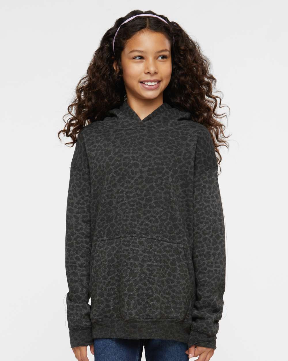 Youth Fleece Hoodie Sweatshirt - OnModelFront - B39038512 - Black Leopard