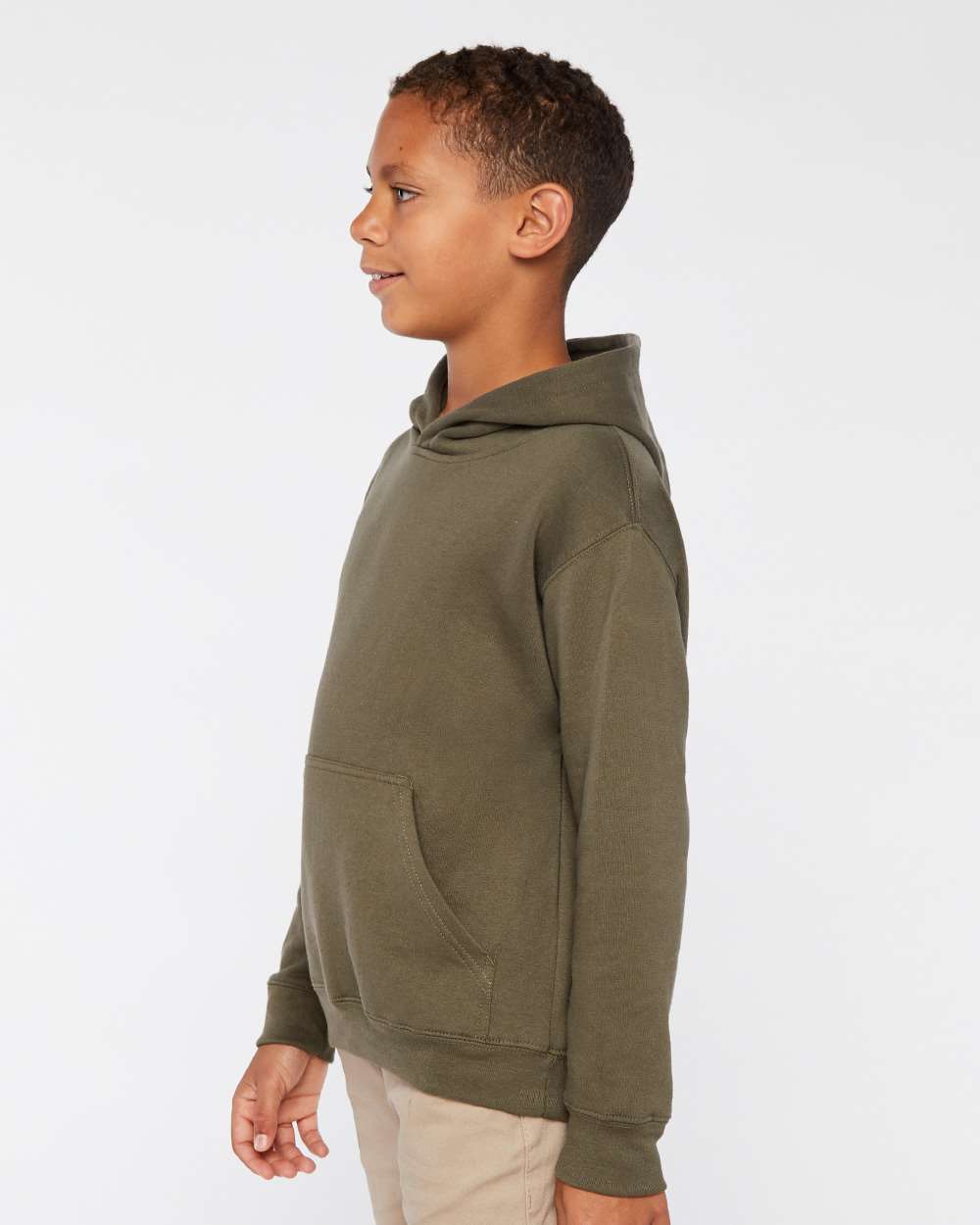 Youth Fleece Hoodie Sweatshirt - OnModelSide - B39038542 - Military Green
