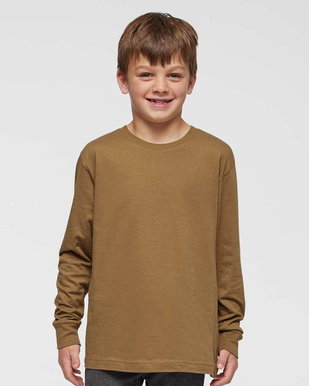 Youth Fine Jersey Long Sleeve Tee - OnModelFront - B31438552 - Coyote Brown