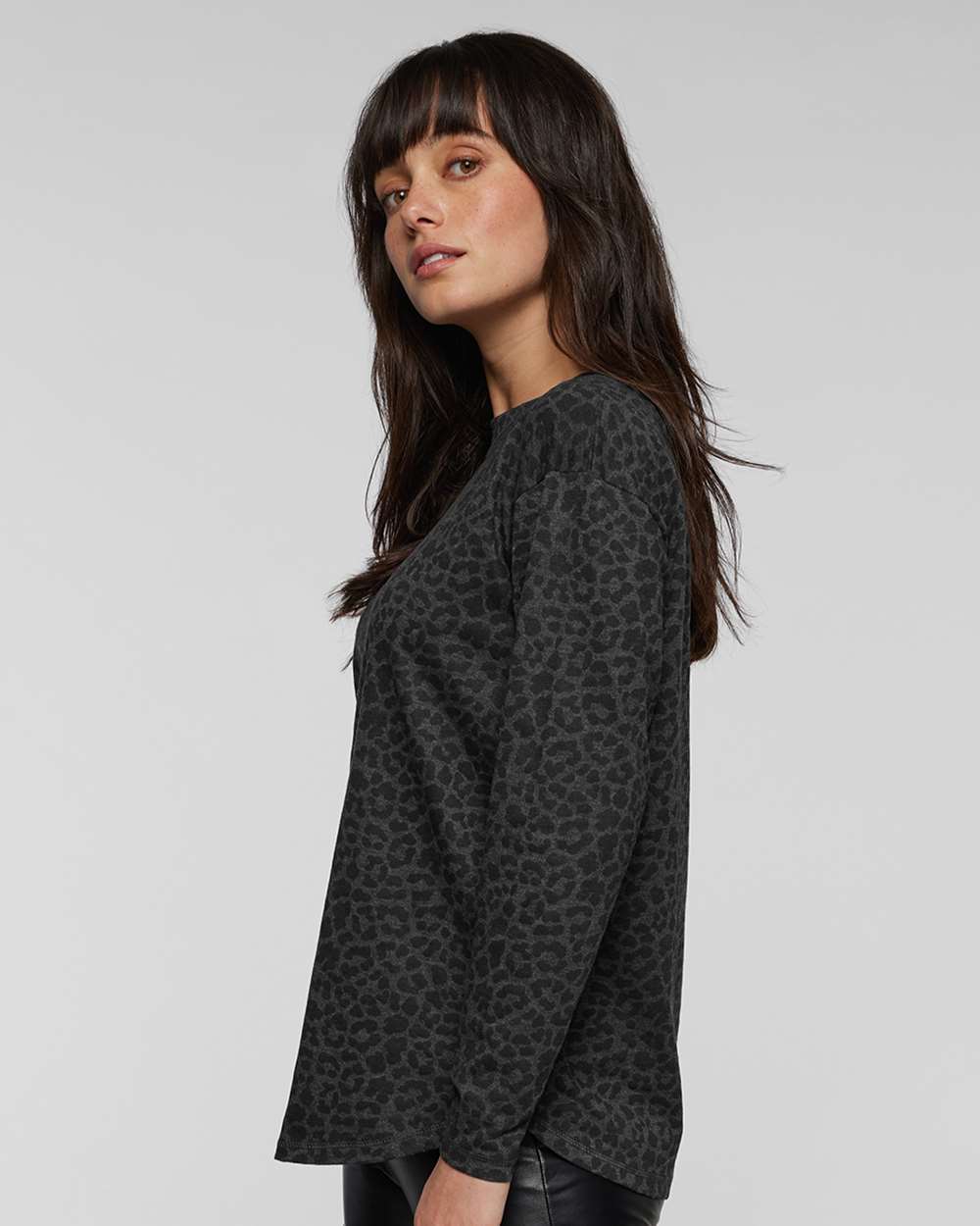 Women's Fine Jersey Long Sleeve Tee - OnModelSide - B93638022 - Black Leopard