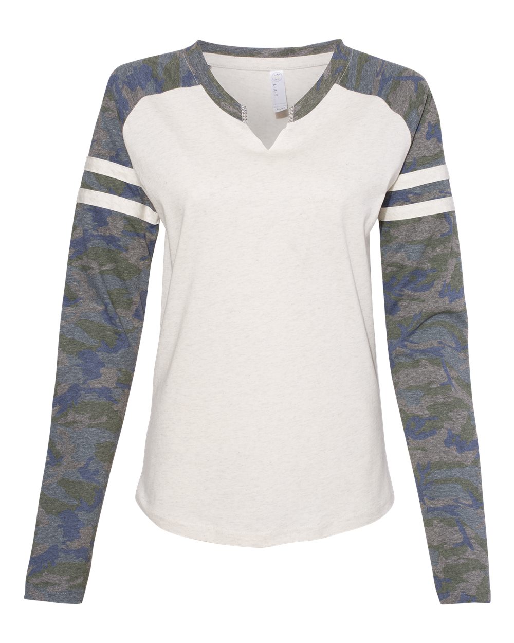 Women's Fine Jersey Mash Up Long Sleeve T-Shirt - Front - B94138243 - Natural Heather/ Vintage Camo/ Natural Heather