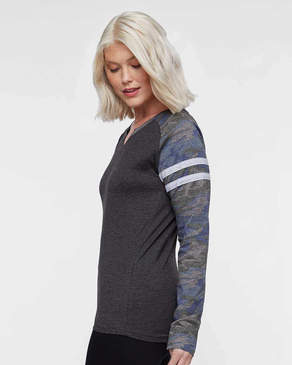 Women's Fine Jersey Mash Up Long Sleeve T-Shirt - OnModelSide - B94138623 - Vintage Smoke/ Vintage Camo