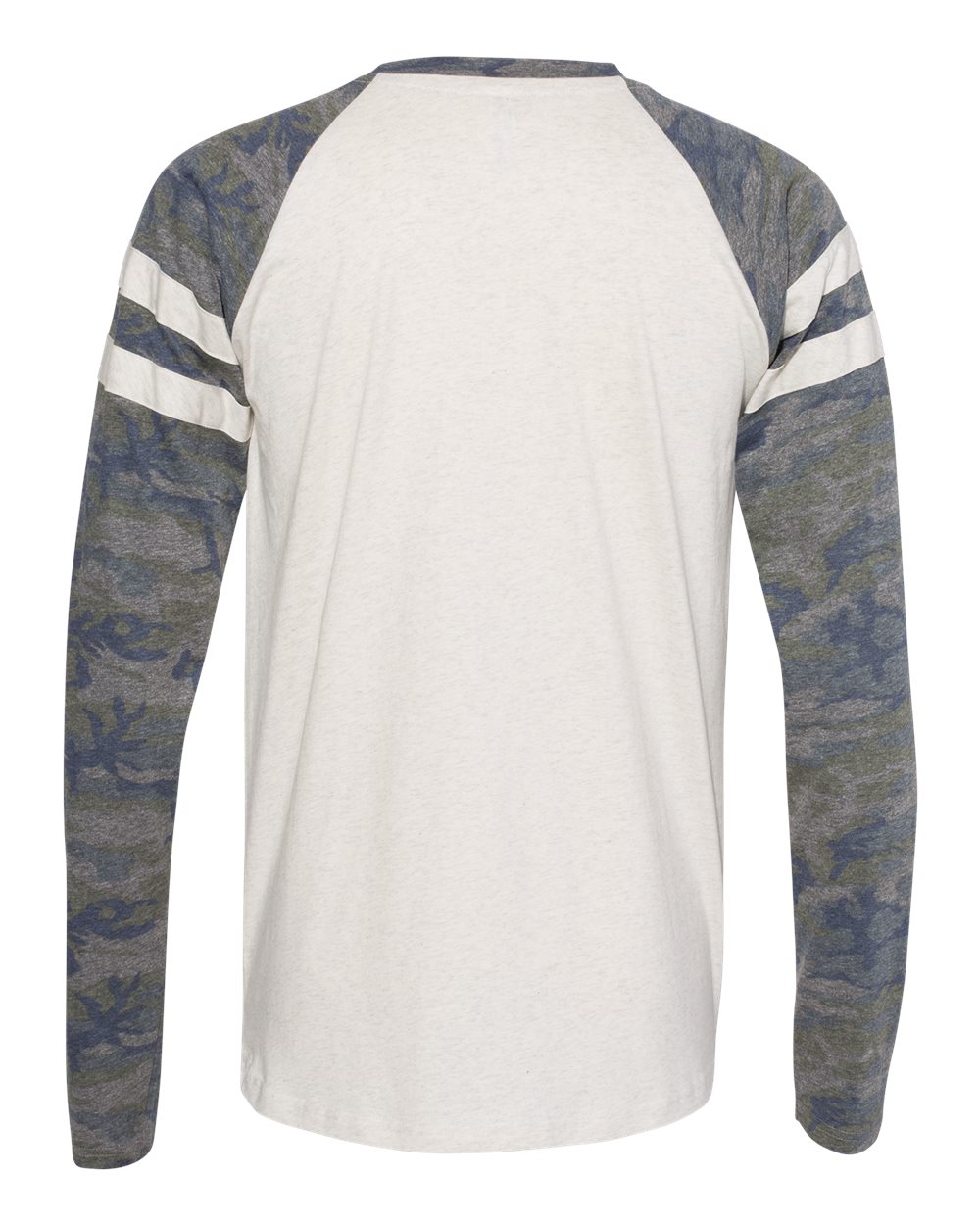 Unisex Fine Jersey Mash Up Long Sleeve Tee - Back - B96538242 - Natural Heather/ Vintage Camo/ Natural Heather