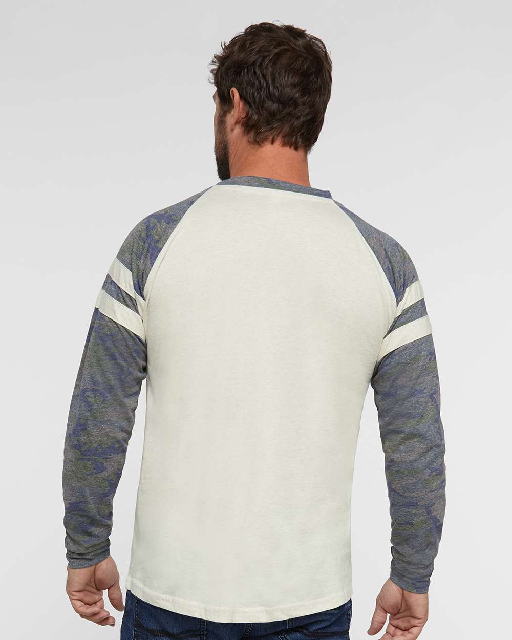 Unisex Fine Jersey Mash Up Long Sleeve Tee - OnModelBack - B96538242 - Natural Heather/ Vintage Camo/ Natural Heather