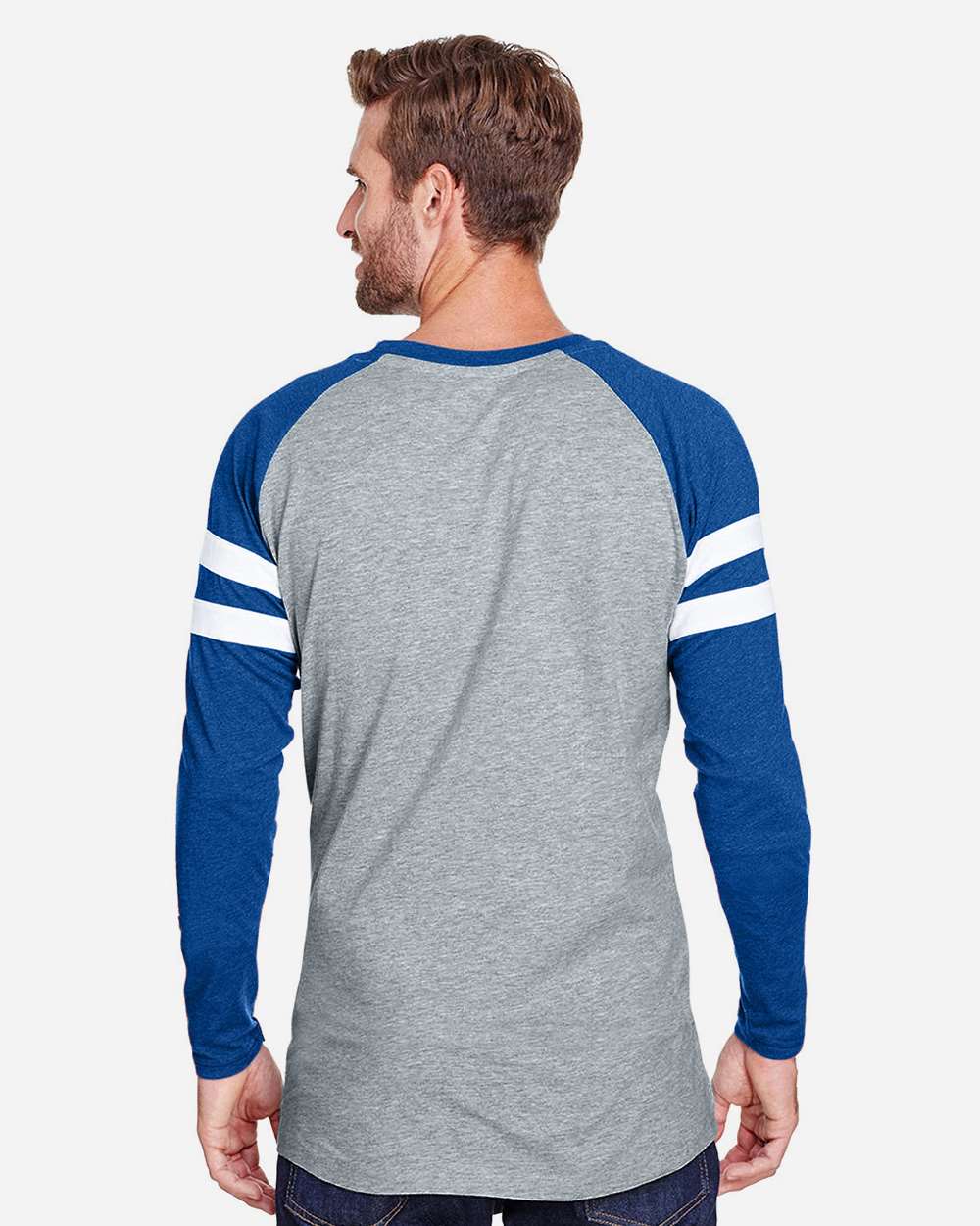 Unisex Fine Jersey Mash Up Long Sleeve Tee - OnModelBack - B96538603 - Vintage Heather/ Vintage Royal