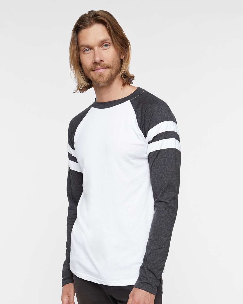 Unisex Fine Jersey Mash Up Long Sleeve Tee - OnModelFront - B96538002 - Blended White/ Vintage Smoke