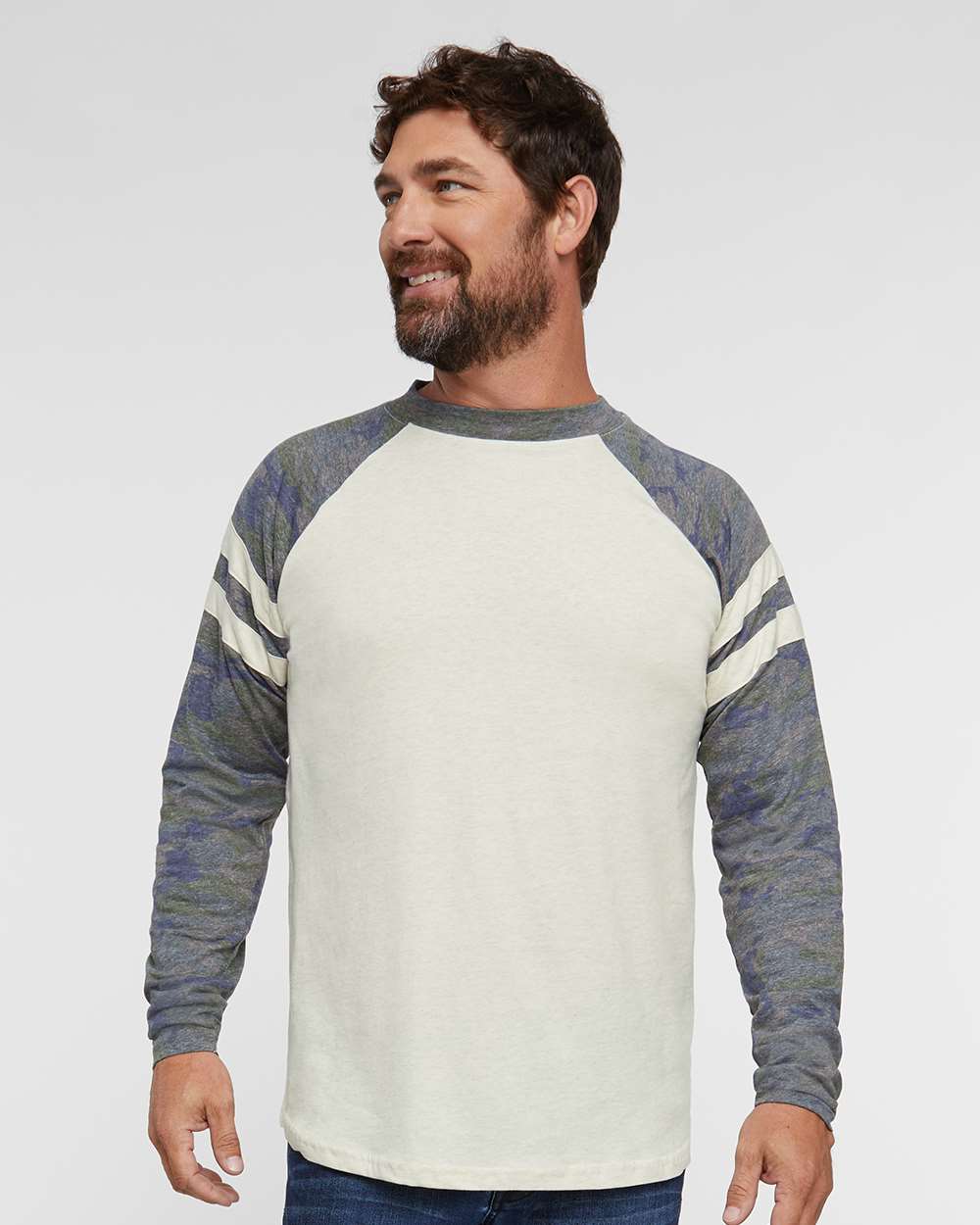 Unisex Fine Jersey Mash Up Long Sleeve Tee - OnModelFront - B96538242 - Natural Heather/ Vintage Camo/ Natural Heather
