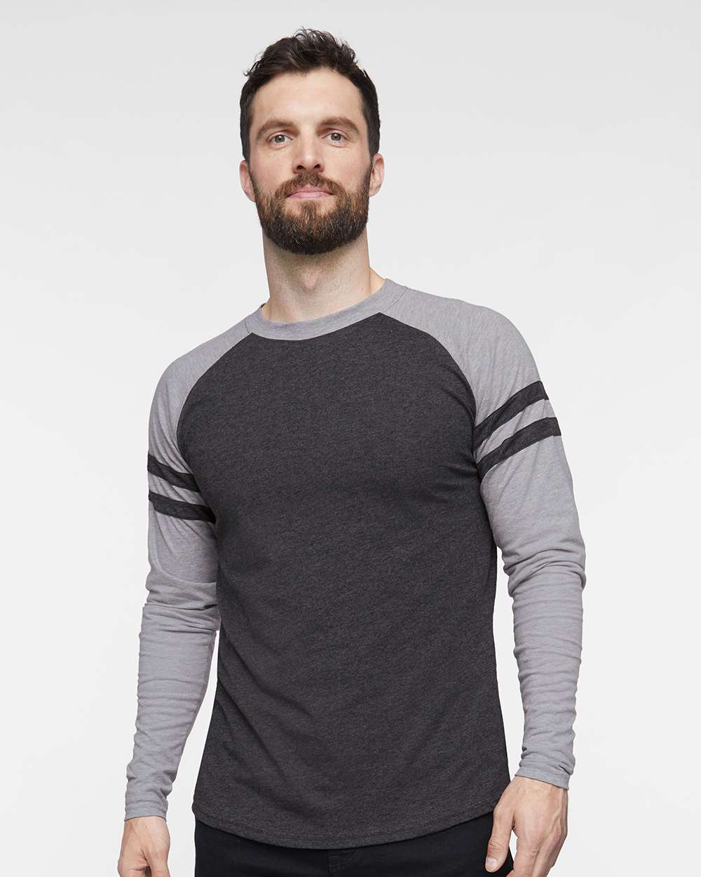 Unisex Fine Jersey Mash Up Long Sleeve Tee - OnModelFront - B96538562 - Vintage Smoke/ Vintage Heather