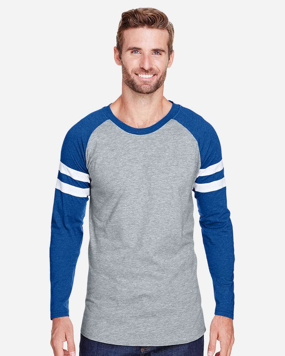 Unisex Fine Jersey Mash Up Long Sleeve Tee - OnModelFront - B96538603 - Vintage Heather/ Vintage Royal
