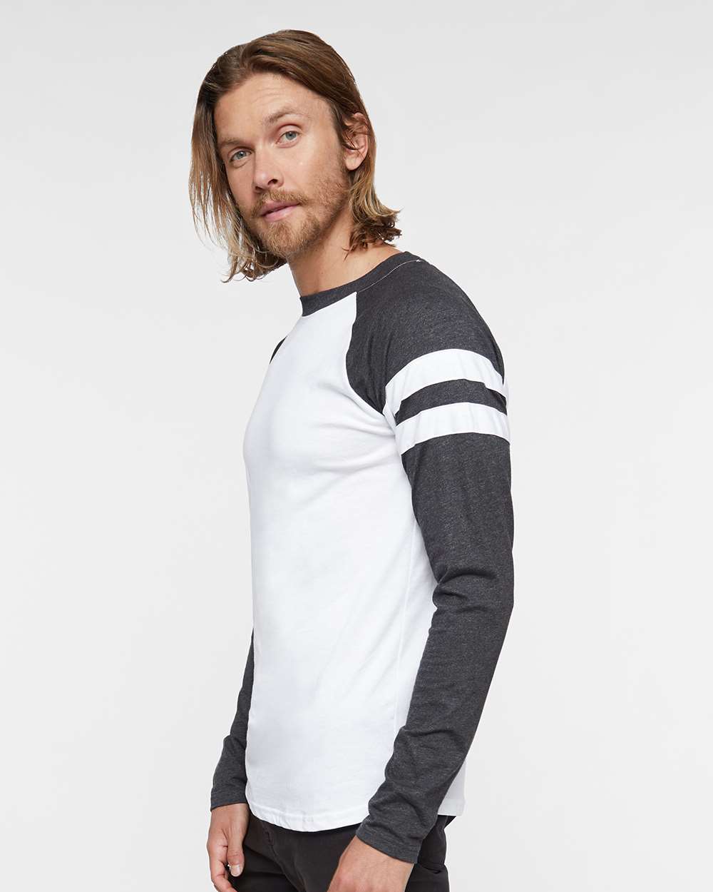 Unisex Fine Jersey Mash Up Long Sleeve Tee - OnModelSide - B96538002 - Blended White/ Vintage Smoke