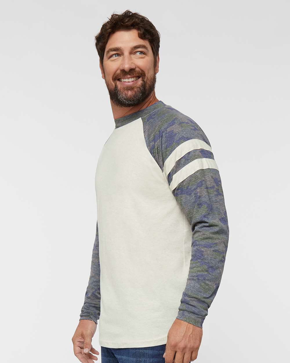 Unisex Fine Jersey Mash Up Long Sleeve Tee - OnModelSide - B96538242 - Natural Heather/ Vintage Camo/ Natural Heather