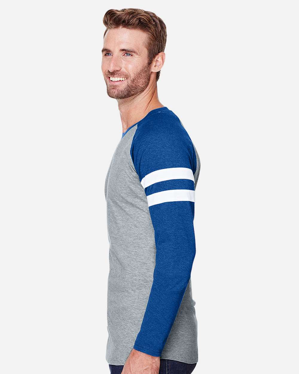 Unisex Fine Jersey Mash Up Long Sleeve Tee - OnModelSide - B96538603 - Vintage Heather/ Vintage Royal