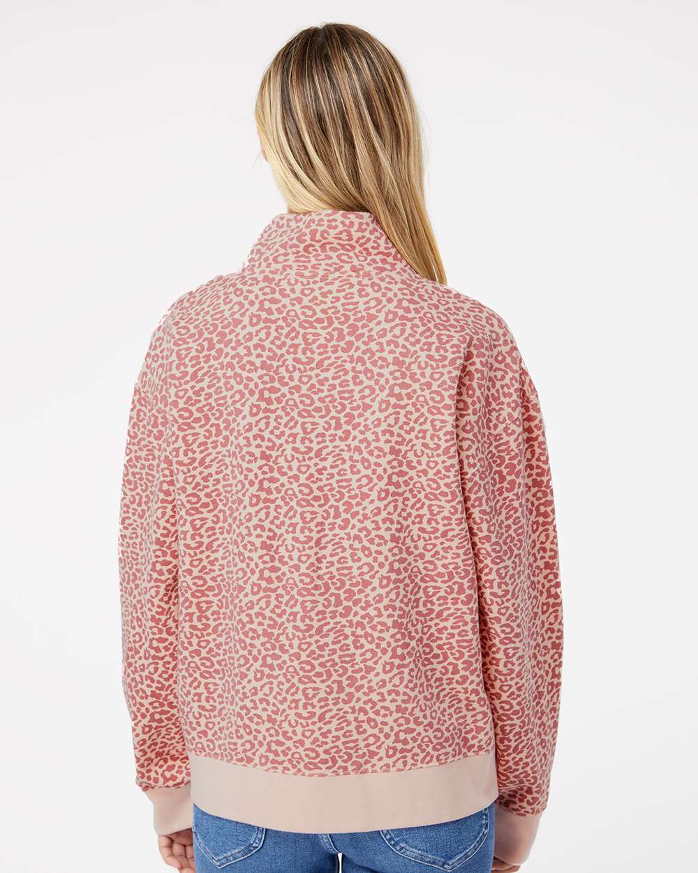 Women's Sueded Fleece Quarter-Zip Sweatshirt - OnModelBack - B11152303 - Cameo Pink/ Orchid Ice Leopard