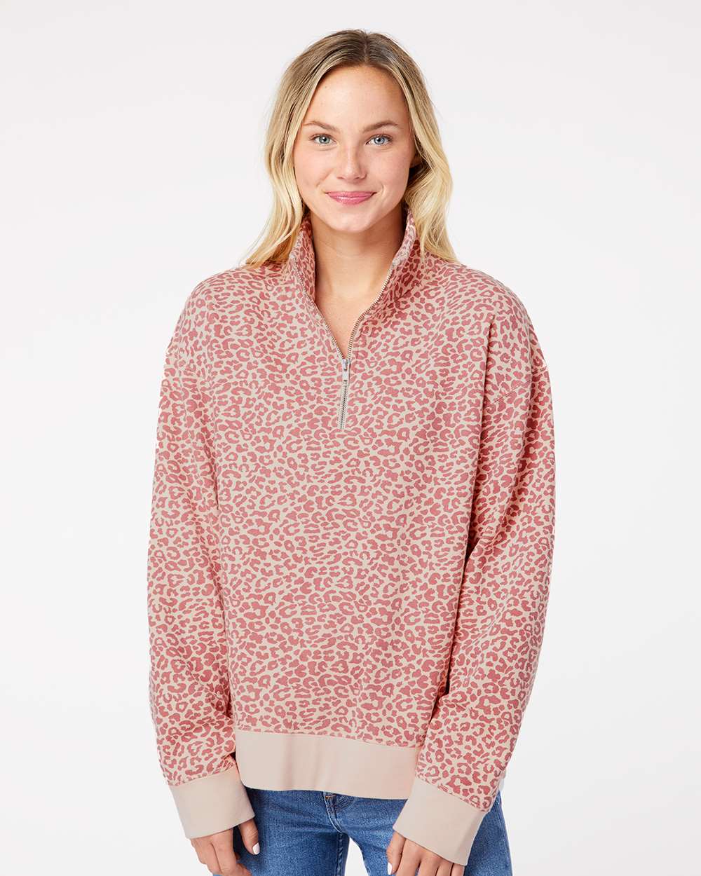 Women's Sueded Fleece Quarter-Zip Sweatshirt - OnModelFront - B11152303 - Cameo Pink/ Orchid Ice Leopard