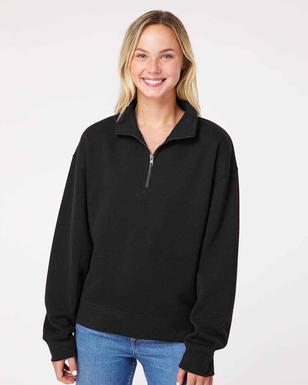 Women's Sueded Fleece Quarter-Zip Sweatshirt - OnModelFront - B11152503 - Black
