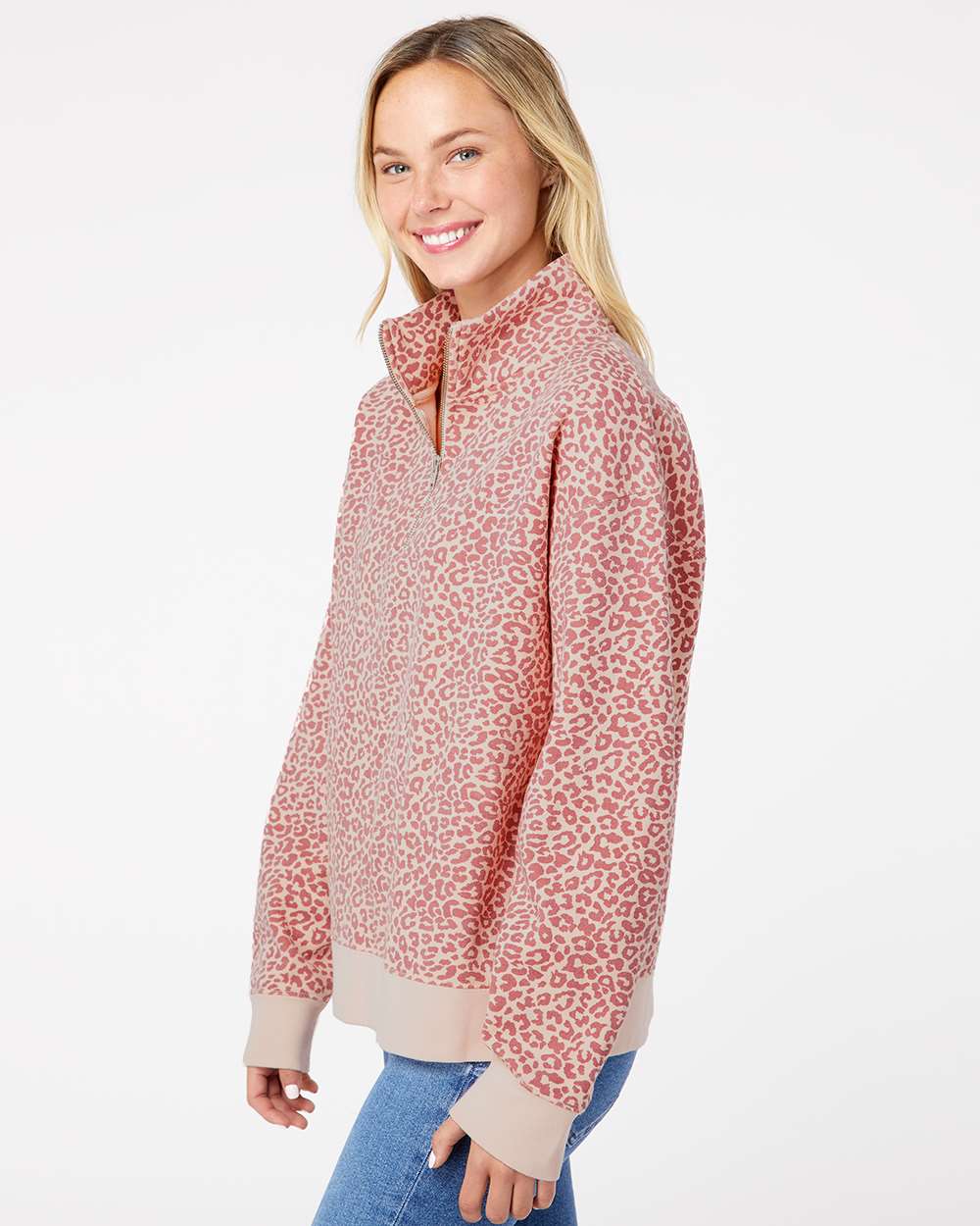 Women's Sueded Fleece Quarter-Zip Sweatshirt - OnModelSide - B11152303 - Cameo Pink/ Orchid Ice Leopard