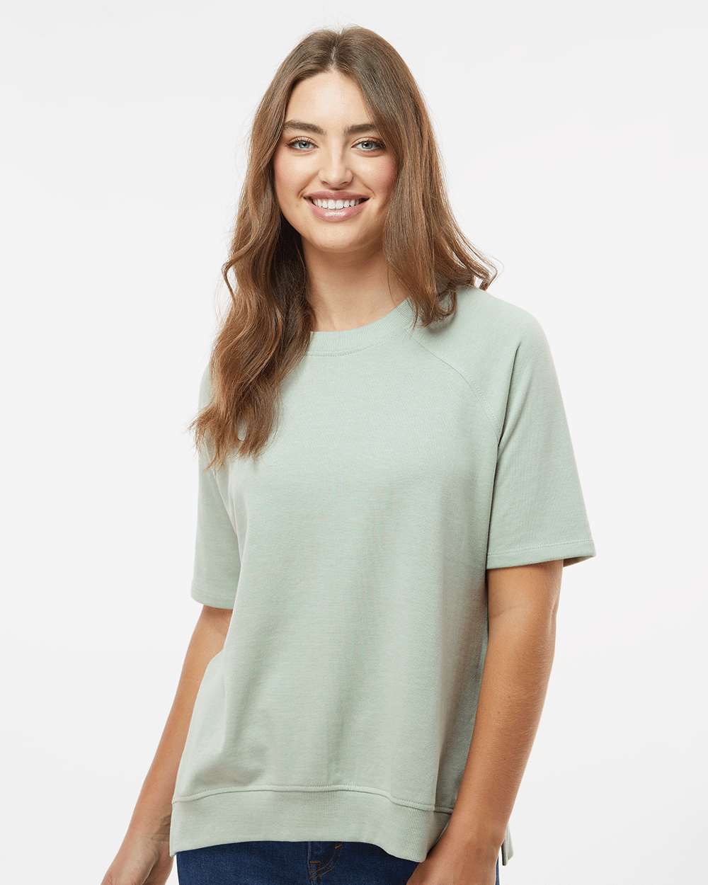 Women's French Terry Short Sleeve Crewneck Sweatshirt - OnModelFront - B14552653 - Greenstone