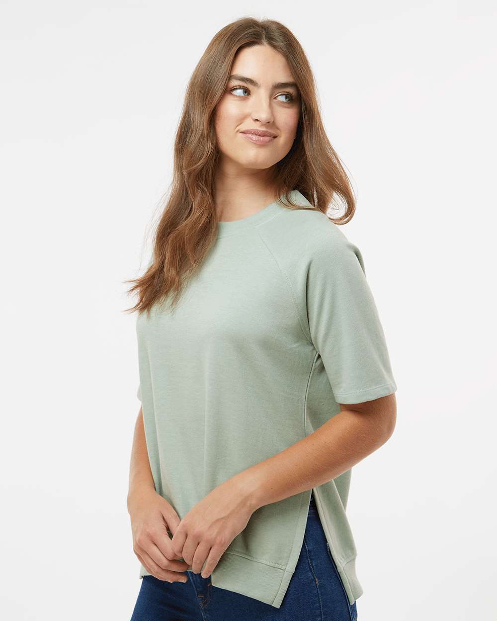 Women's French Terry Short Sleeve Crewneck Sweatshirt - OnModelSide - B14552653 - Greenstone
