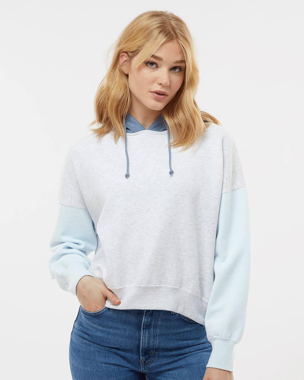 Women's Sueded Fleece Colorblocked Crop Hooded Sweatshirt - styleImage