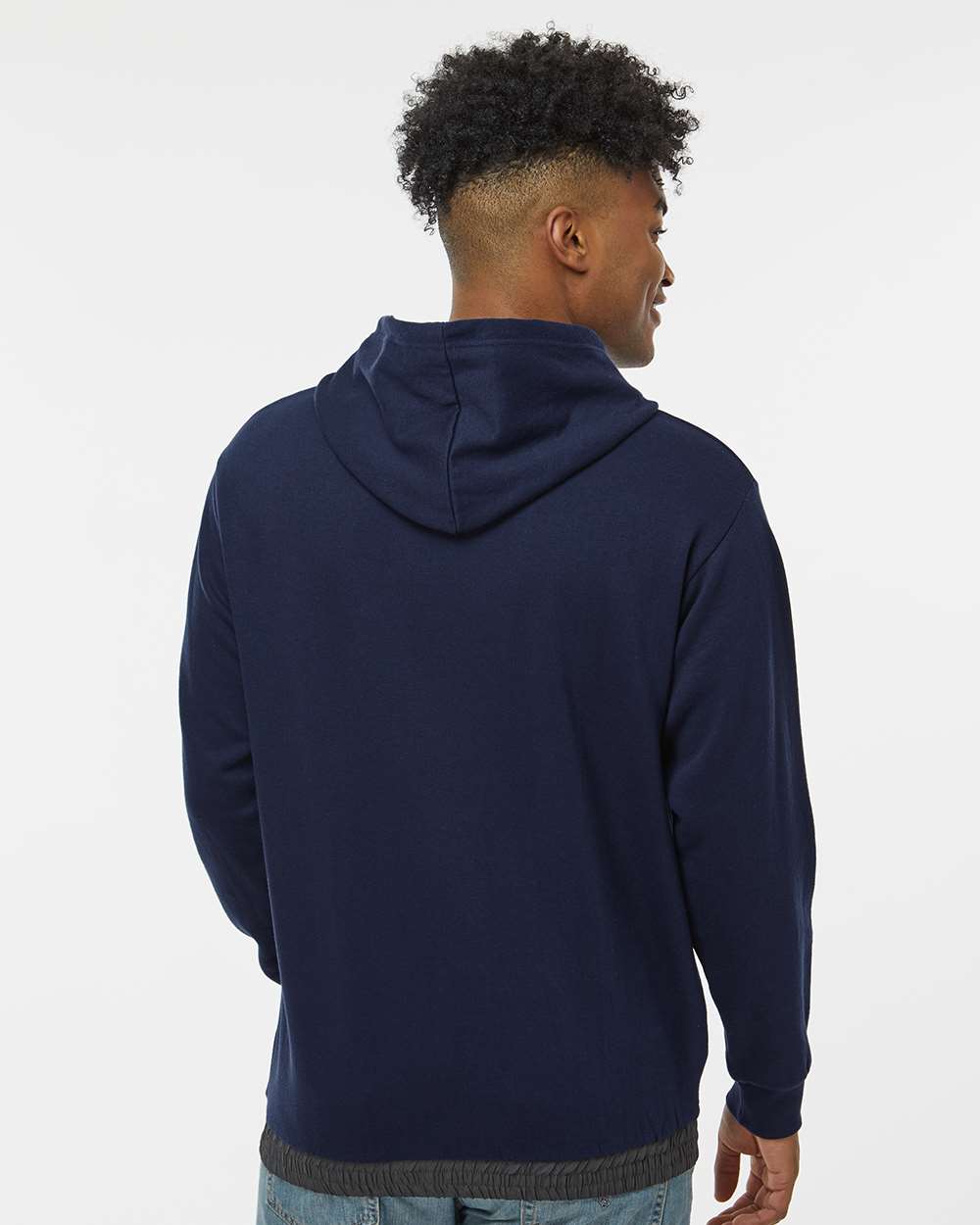 Unisex Mixed Media Hooded Sweatshirt - OnModelBack - B14952653 - Navy/ Charcoal