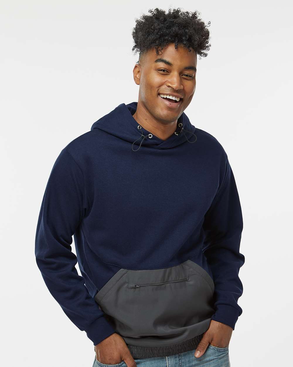 Unisex Mixed Media Hooded Sweatshirt - OnModelFront - B14952653 - Navy/ Charcoal