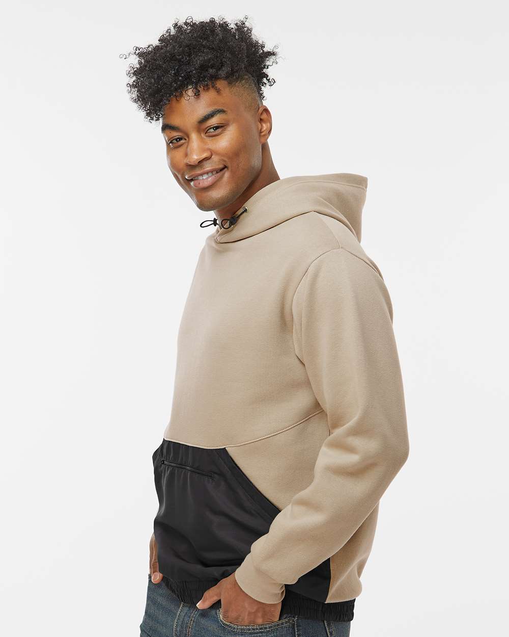 Unisex Mixed Media Hooded Sweatshirt - OnModelSide - B14952003 - Atmosphere/ Black