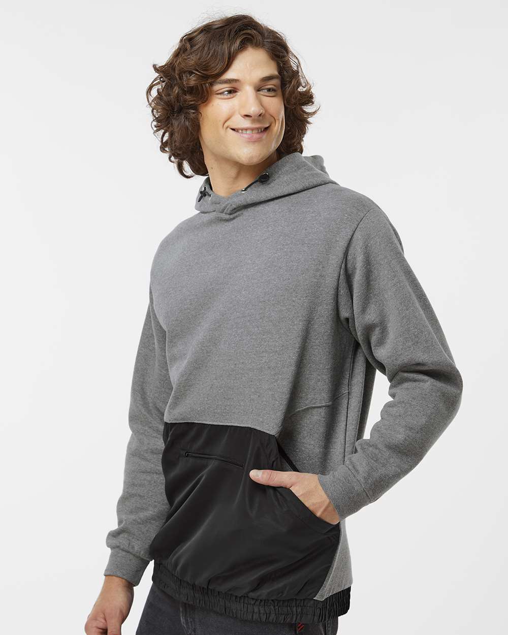 Unisex Mixed Media Hooded Sweatshirt - OnModelSide - B14952133 - Graphite/ Black