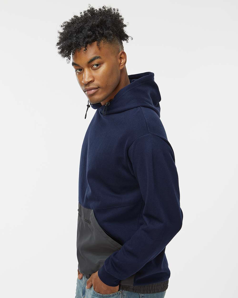 Unisex Mixed Media Hooded Sweatshirt - OnModelSide - B14952653 - Navy/ Charcoal