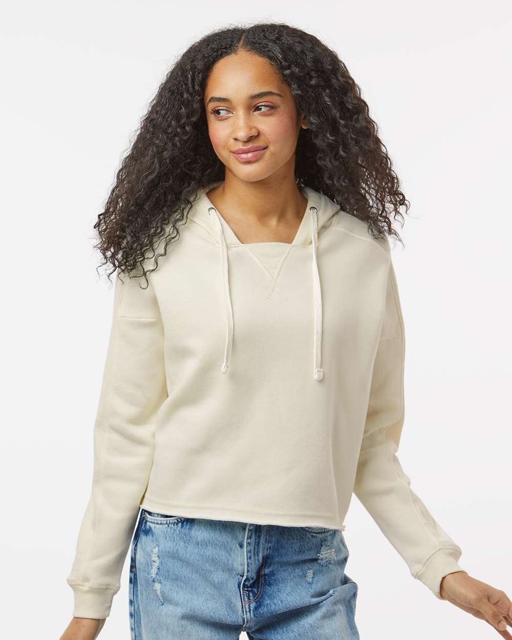 Women's Angel Fleece Crop Hooded Sweatshirt - OnModelFront - B15052103 - Ecru