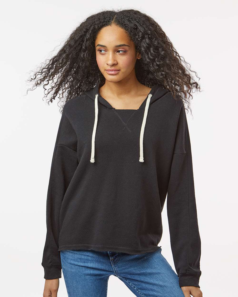 Women's Angel Fleece Crop Hooded Sweatshirt - OnModelFront - B15052503 - Black