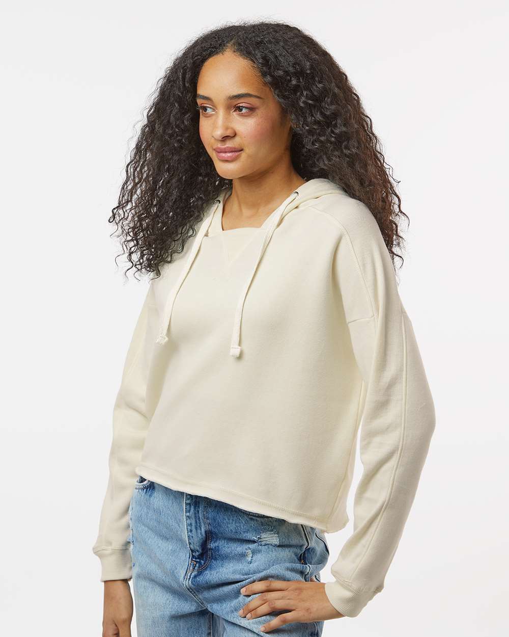 Women's Angel Fleece Crop Hooded Sweatshirt - OnModelSide - B15052103 - Ecru