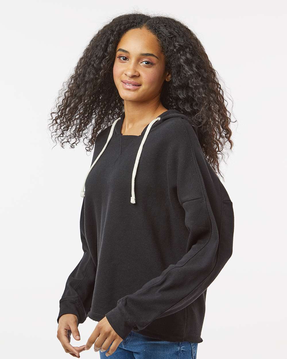 Women's Angel Fleece Crop Hooded Sweatshirt - OnModelSide - B15052503 - Black