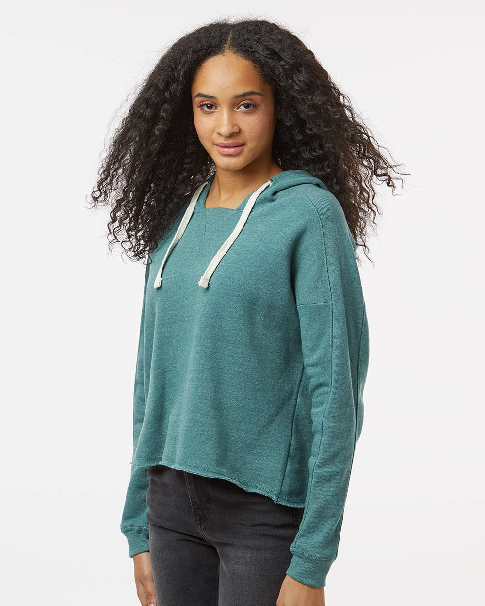Women's Angel Fleece Crop Hooded Sweatshirt - OnModelSide - B15052543 - Mallard Green