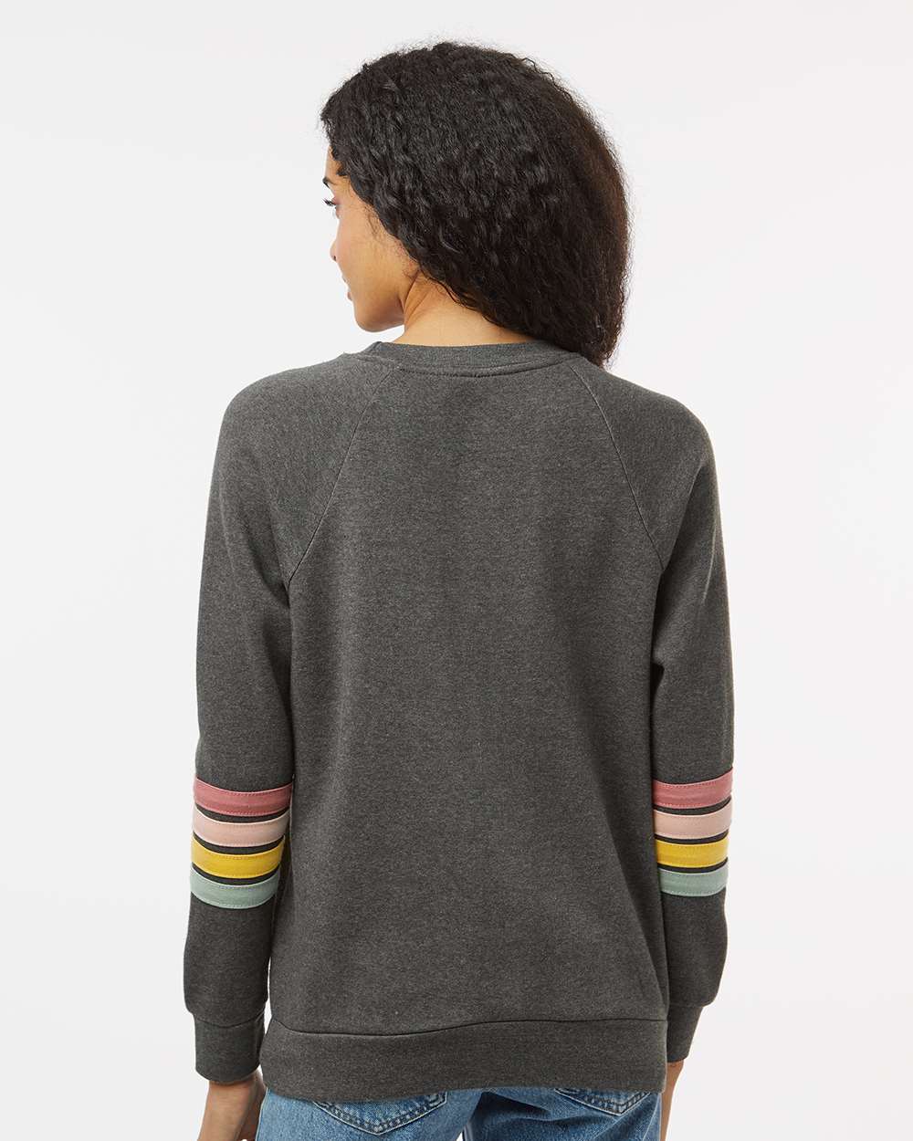 Women's Striped Sleeves Crewneck Sweatshirt - OnModelBack - B15252093 - Charcoal