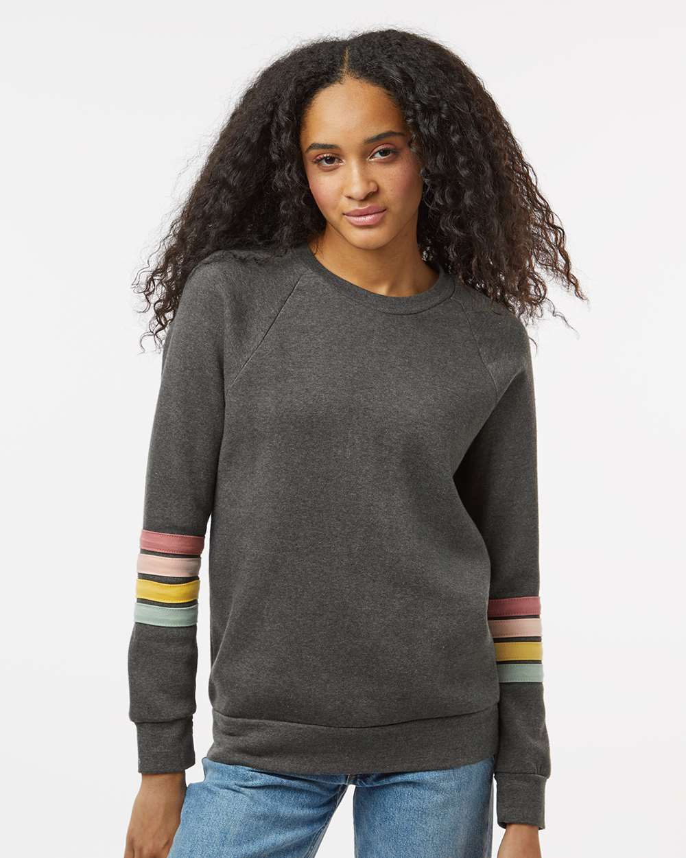 Women's Striped Sleeves Crewneck Sweatshirt - OnModelFront - B15252093 - Charcoal