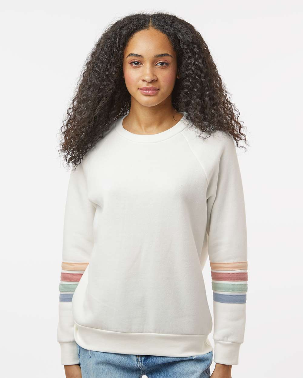 Women's Striped Sleeves Crewneck Sweatshirt - OnModelFront - B15252243 - Ivory