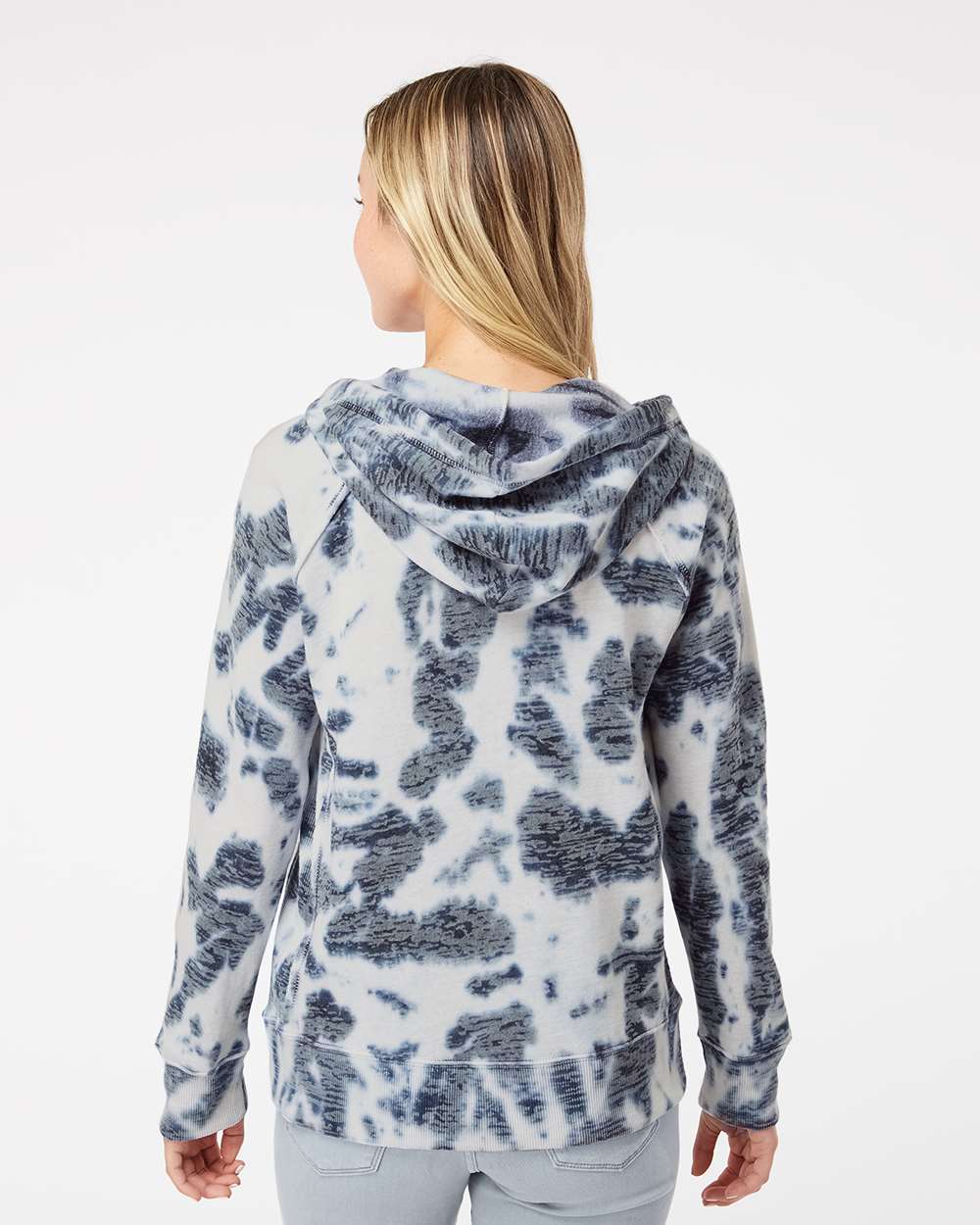 Women’s Courtney Burnout V-Notch Hooded Sweatshirt - OnModelBack - B82452653 - Navy Tie Dye