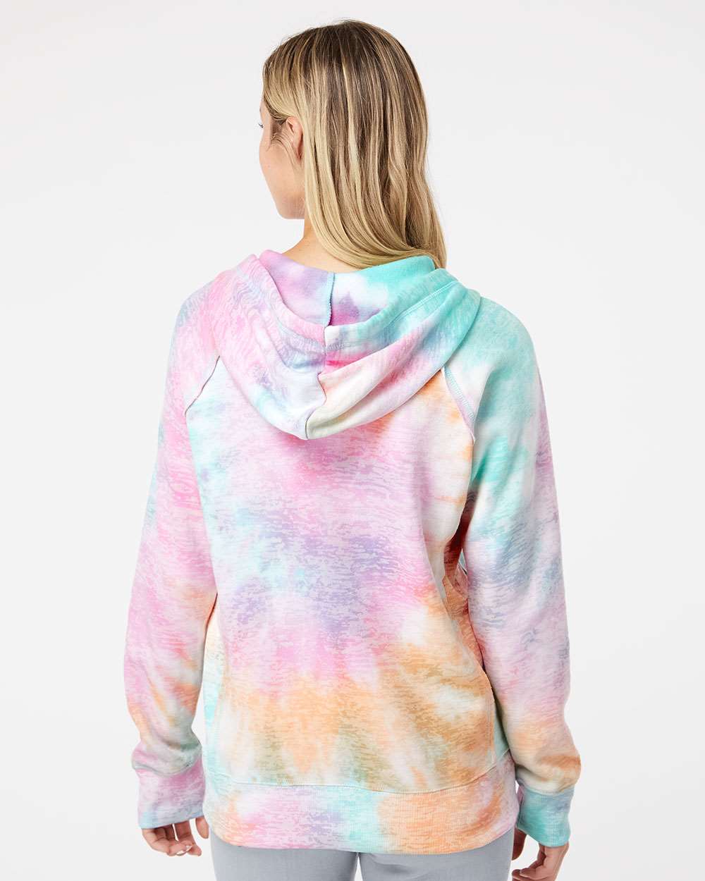 Women’s Courtney Burnout V-Notch Hooded Sweatshirt - OnModelBack - B82452983 - Rainbow Sorbet