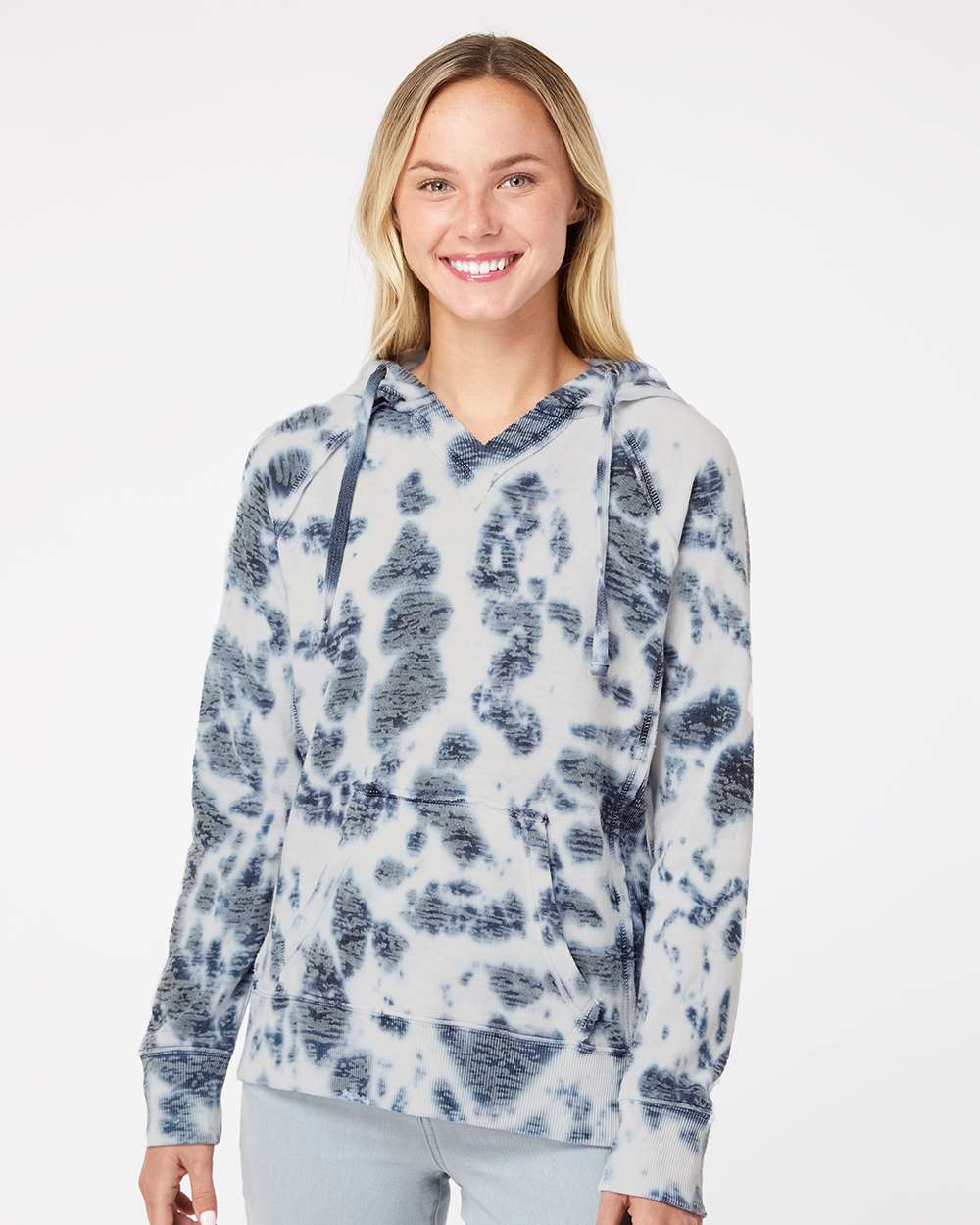 Women’s Courtney Burnout V-Notch Hooded Sweatshirt - OnModelFront - B82452653 - Navy Tie Dye